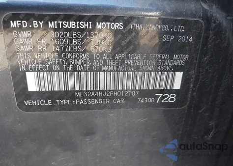 2015 Mitsubishi Mirage Es/Rf from USA, damaged, VIN ML32A4HJ2FH012187